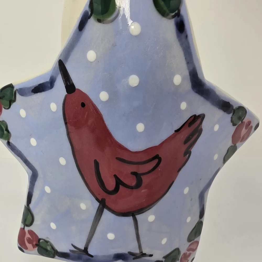 Candle Holder Ceramic Signed Red Bird Star Decoration Decor